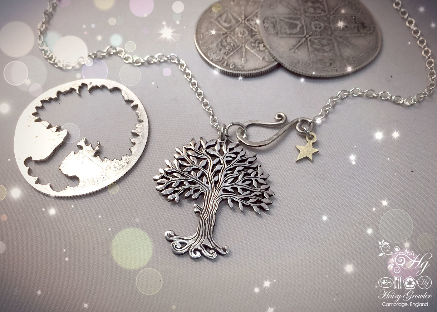 Handmade and repurposed silver Summer trees with leaves of pure silver made from a silver coin