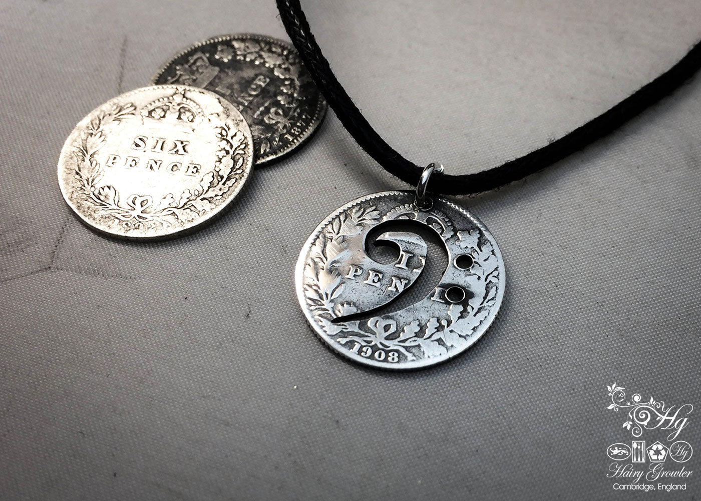 Bass Clef necklace - handmade and recycled using silver sixpence