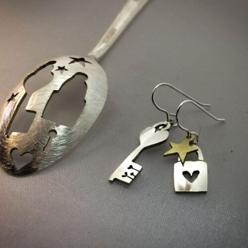 handcrafted and recycled spoon lock-and-key earrings