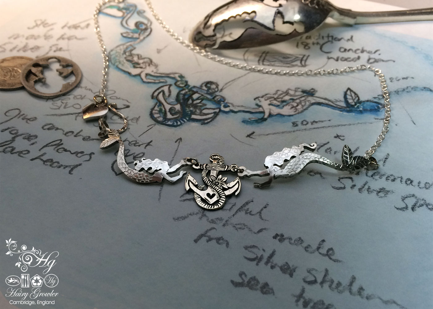 Handmade and upcycled silver coin mermaid necklace made in landlocked Cambridge, UK