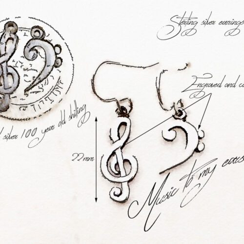 handcrafted bass and treble clef silver earrings made from upcycled silver coins