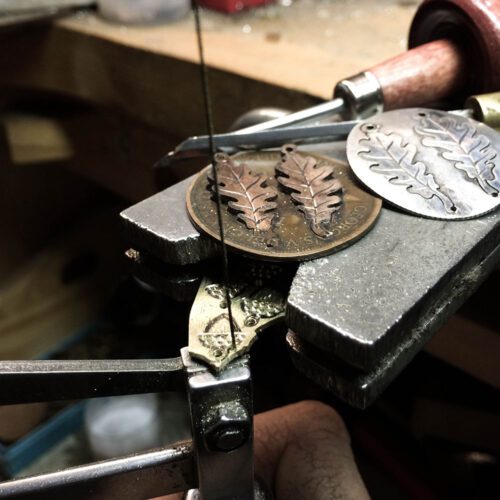 handcrafted and upcycled coin Oak leaf and acorn earrings