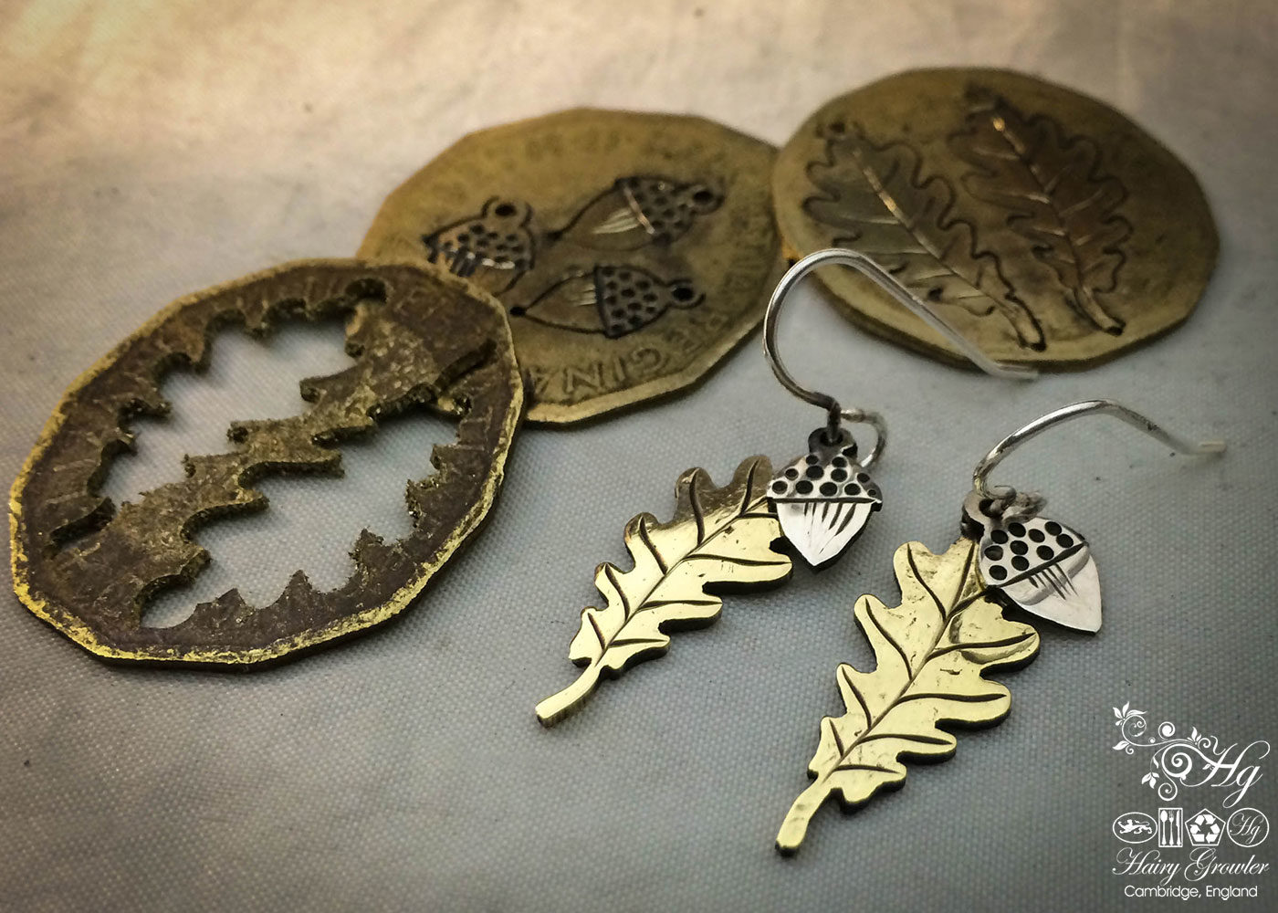handmade and upcycled coin Oak leaf and acorn earrings