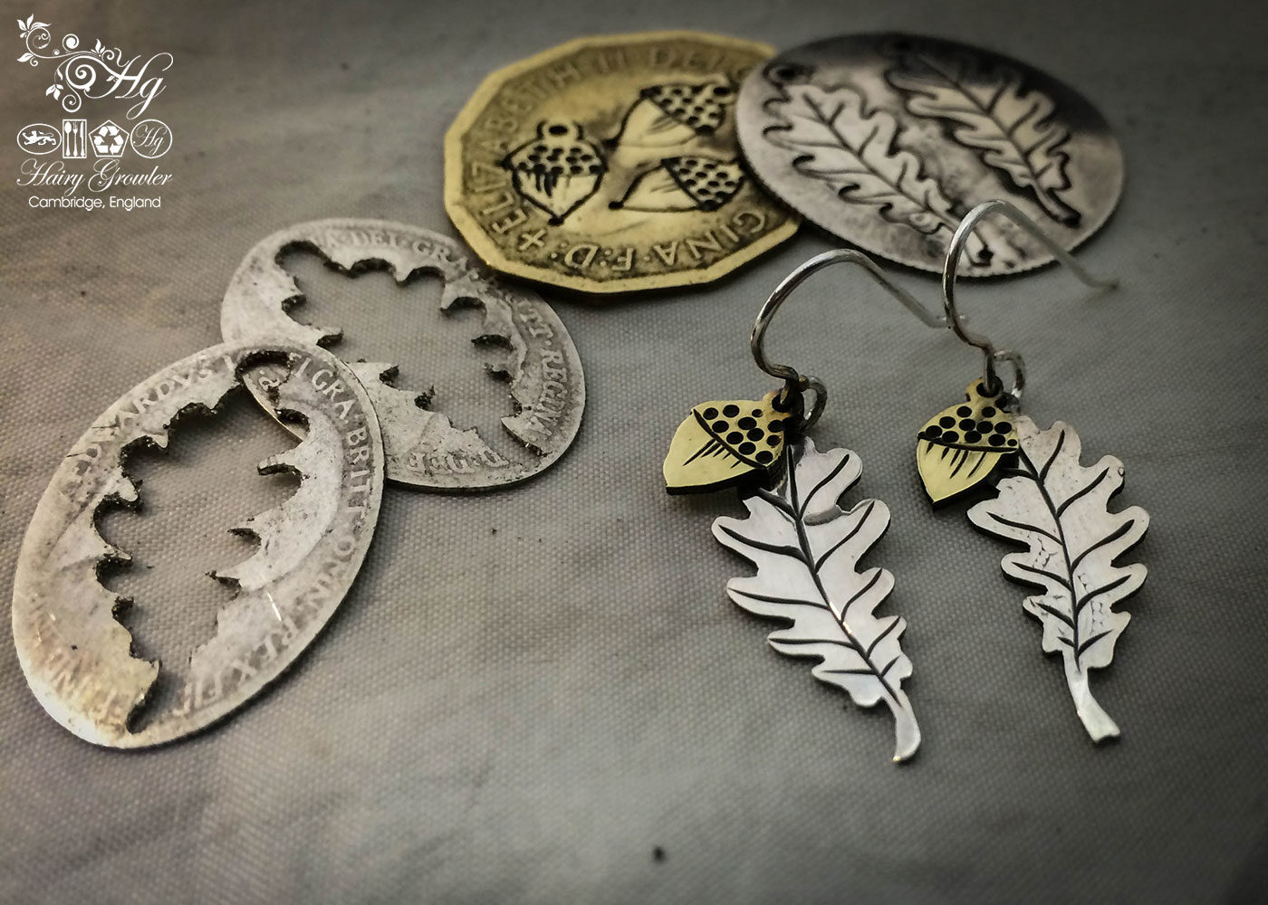 handcrafted and recycled coin Oak leaf and acorn earrings