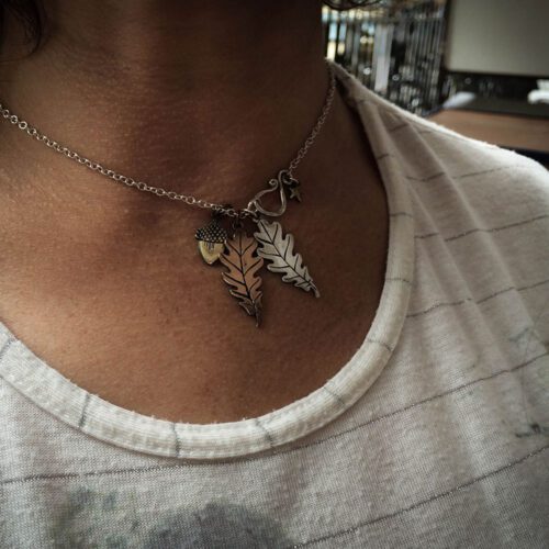 Handcrafted and recycled oak leaves and acorn necklace
