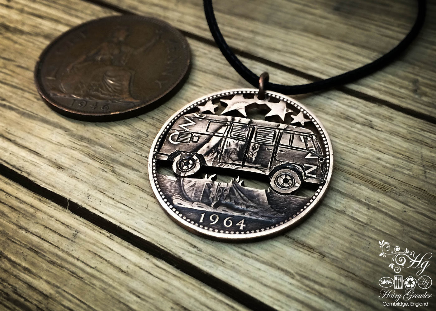Handmade and upcycled coin VW camper-van pendant necklace