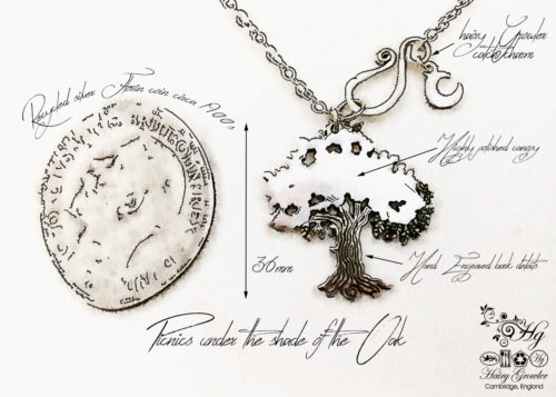 Handcrafted and recycled Victorian silver coin Oak Tree necklace made in Cambridge