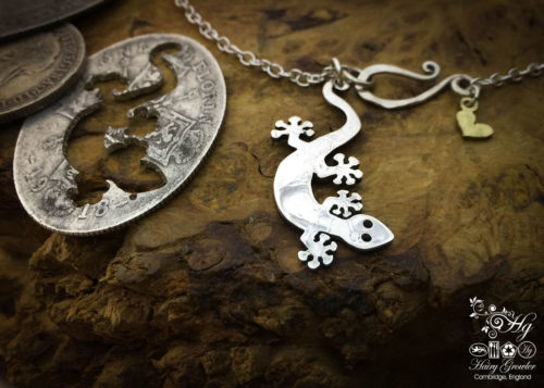 Handmade and upcycled silver coin Gecko necklace pendant