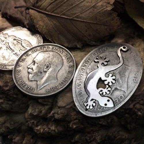 Handcrafted and recycled silver coin Gecko necklace pendant