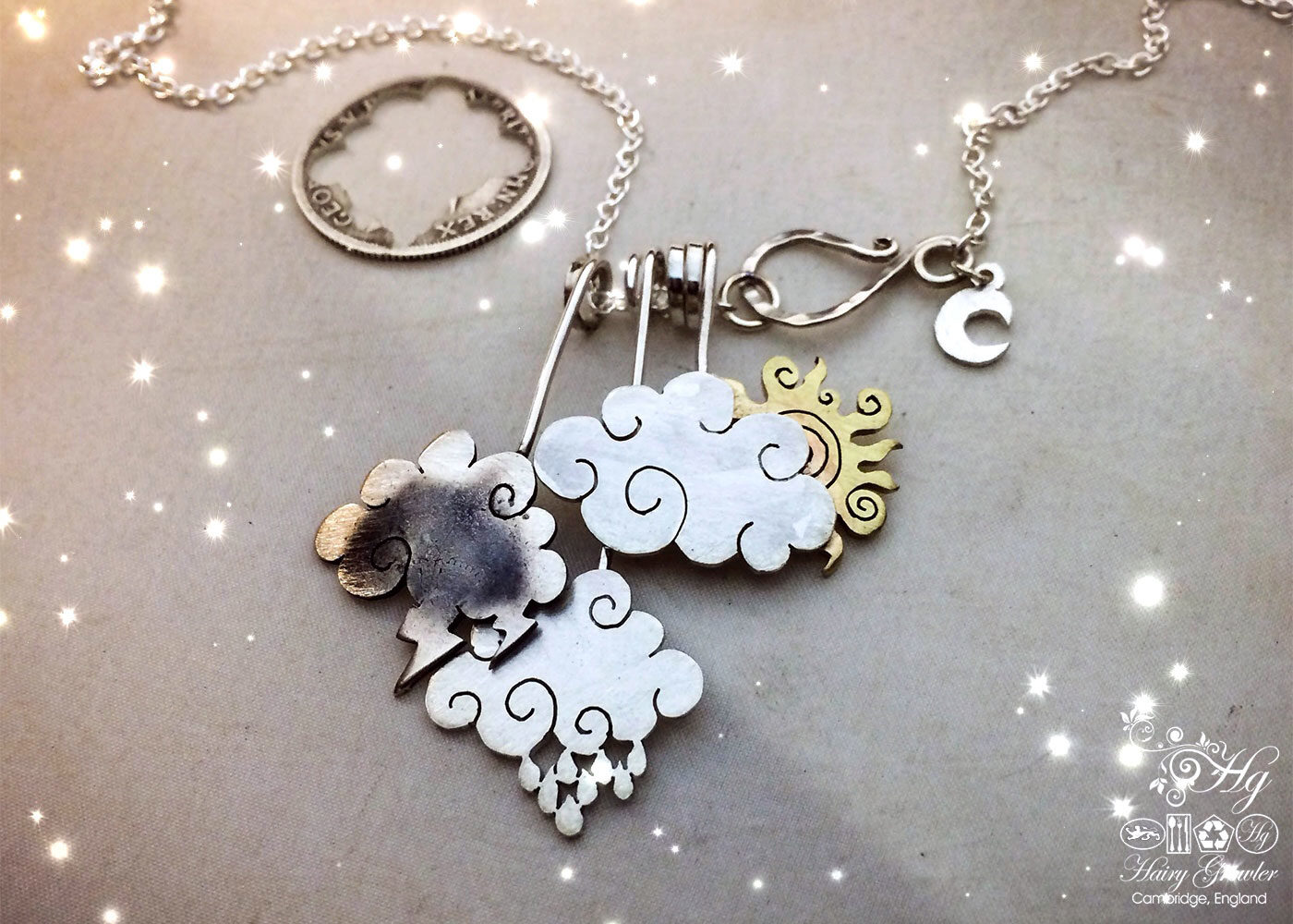 Upcycled silver coin cloud necklace made from silver shillings