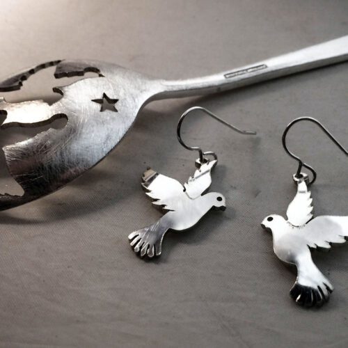 handcrafted and upcycled spoon peace-dove earrings