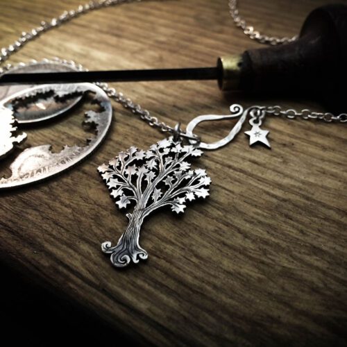 Handmade and upcycled silver Maple tree necklace