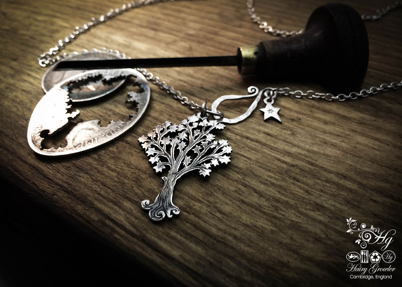 Handmade and upcycled silver Maple tree necklace