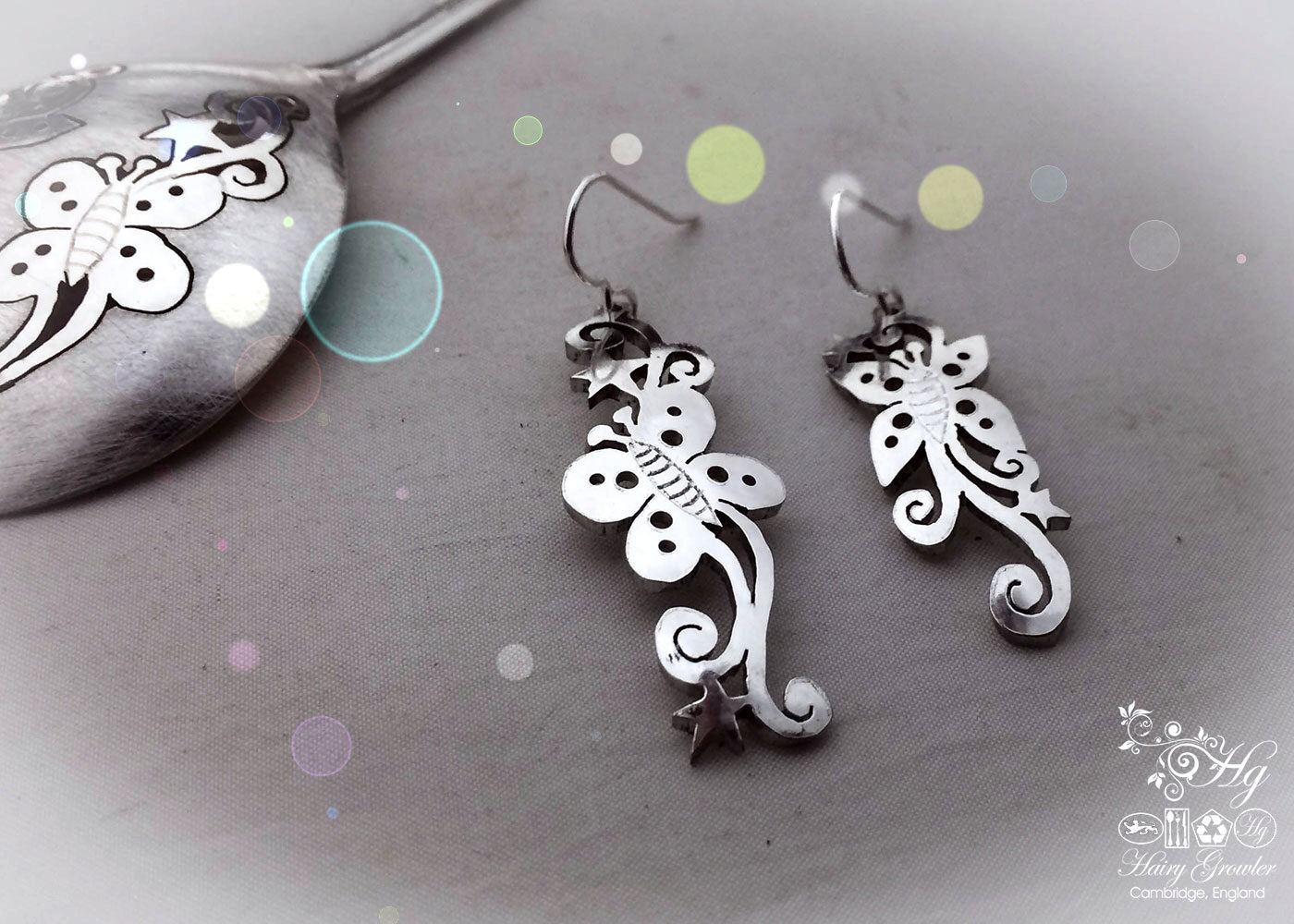 handcrafted and recycled spoon butterfly earrings