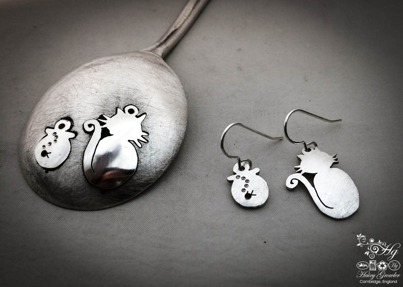 handmade and repurposed spoon cat and fish bowl earrings
