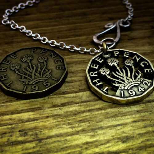 Handmade and upcycled threepence thrupney bit coin pendant necklace