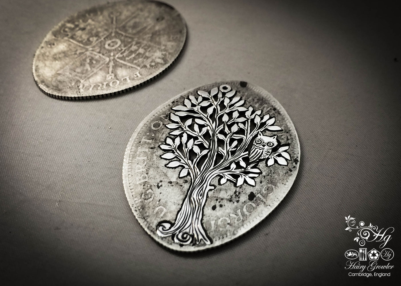Handcrafted and recycled silver woodland tree with owl sitting in the branches