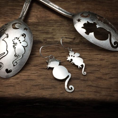 handmade and upcycled teaspoon cat and mouse earrings
