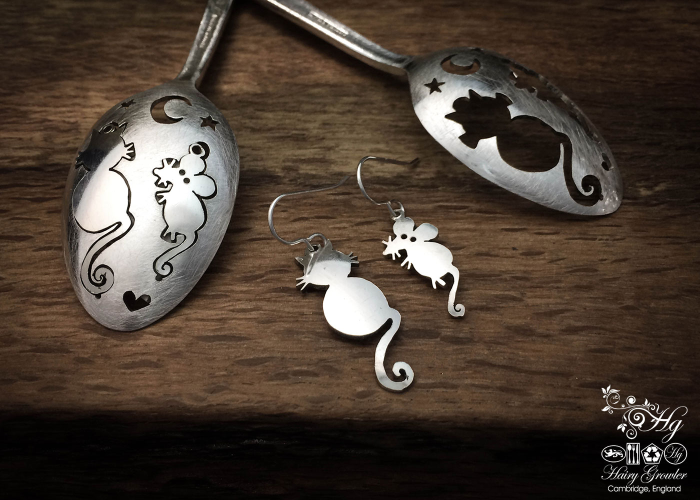 handmade and upcycled teaspoon cat and mouse earrings