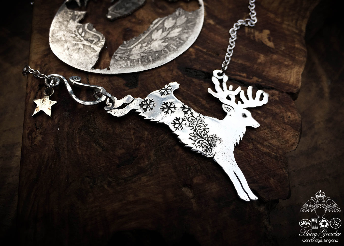 Handcrafted and recycled sterling silver half crown Reindeer dashing through the snow necklace