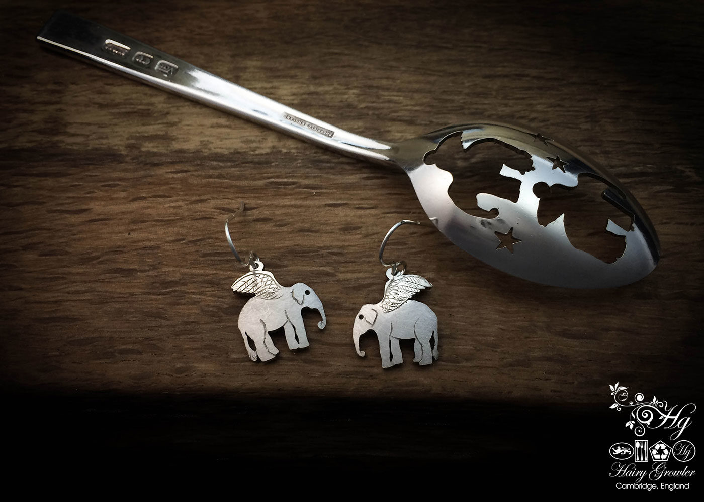 handmade and upcycled spoon flying elephant earrings