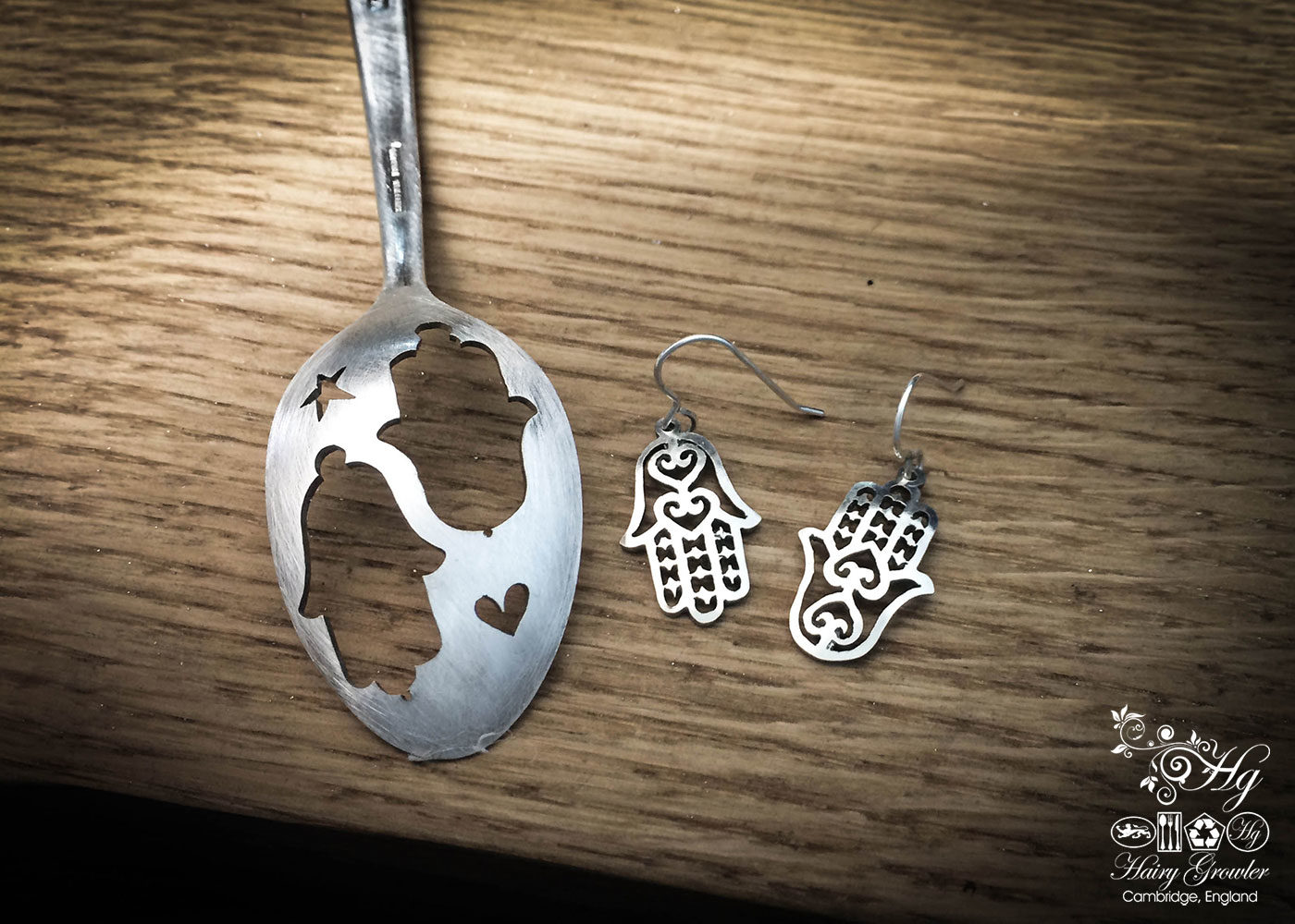 handcrafted and recycled spoon hand-of-fatima earrings khmissa