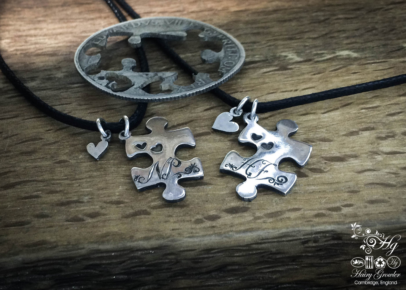 Handmade and repurposed jigsaw pieces necklace silver coin