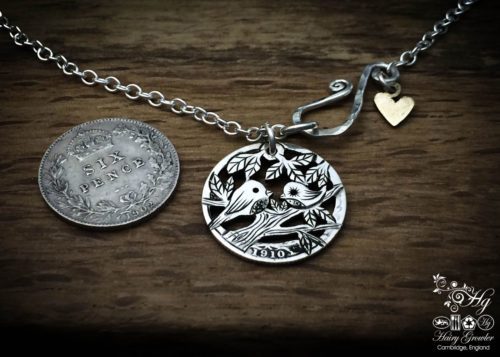 hand crafted and upcycled silver sixpence coin tweet together necklace