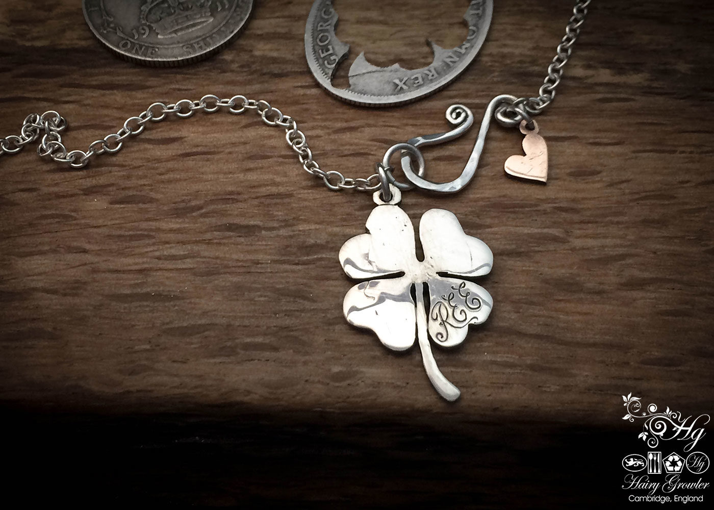 handmade and recycled silver four leaf clover necklace pendant