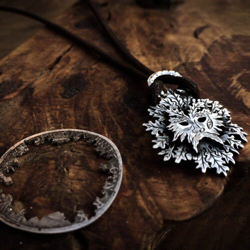 handmade and repurposed silver shilling coin Greenman necklace pendant