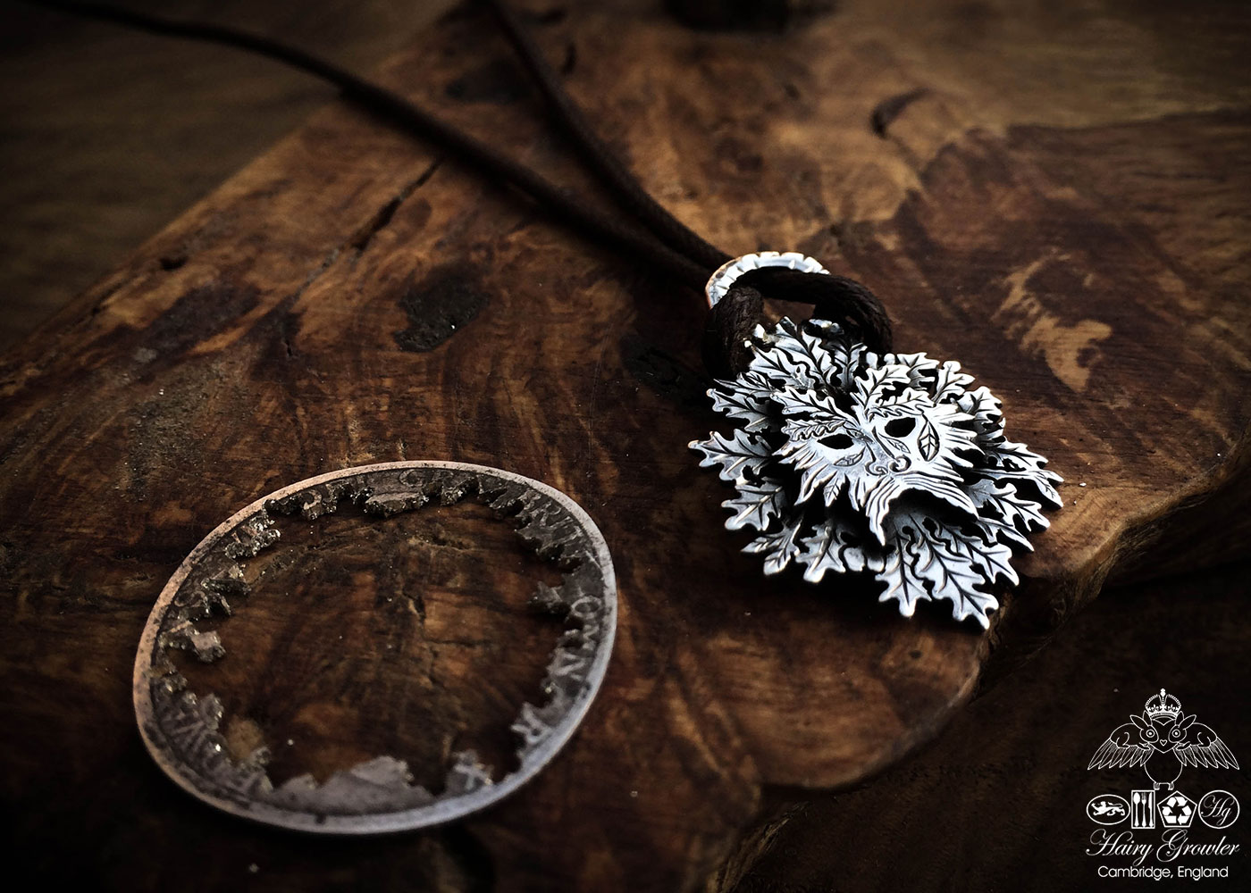 handmade and repurposed silver shilling coin Greenman necklace pendant