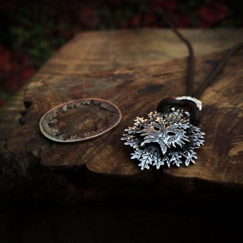 handmade and repurposed silver shilling coin Greenman necklace pendant