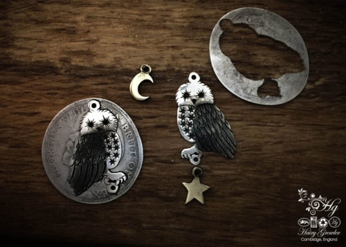 handcrafted and recycled silver Georgian shilling owl earrings made in Cambridge