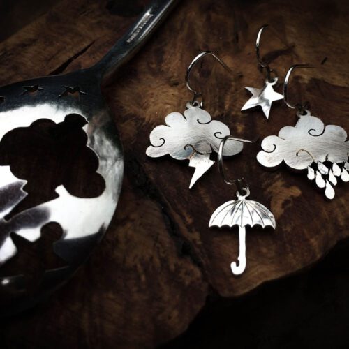 handcrafted and recycled spoon cloud and umbrella summertime earrings