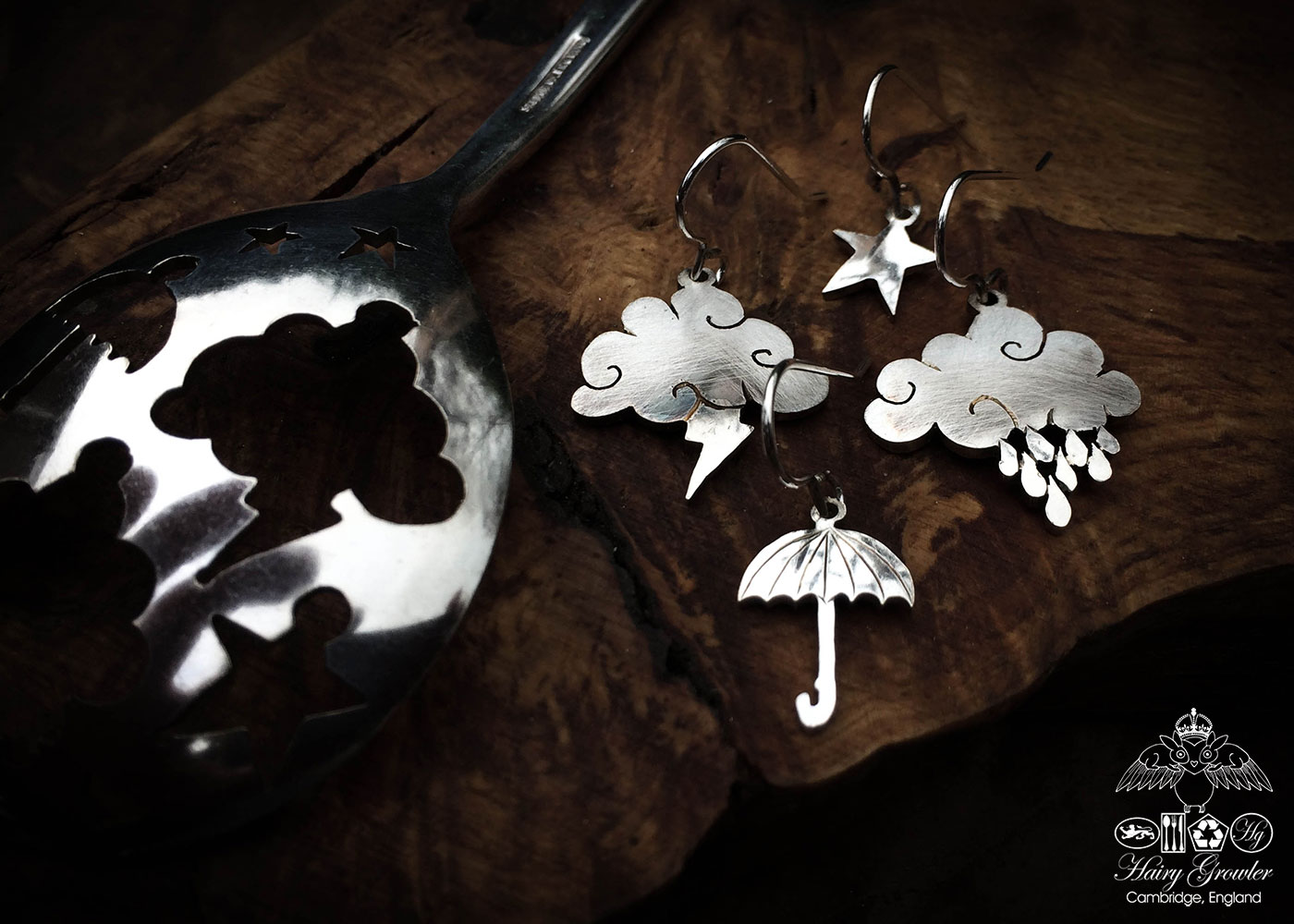 handcrafted and recycled spoon cloud and umbrella summertime earrings