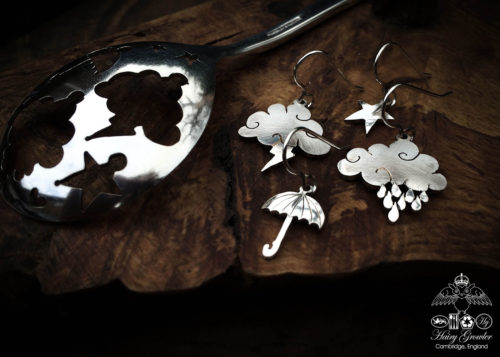handcrafted and recycled spoon cloud and umbrella summertime earrings