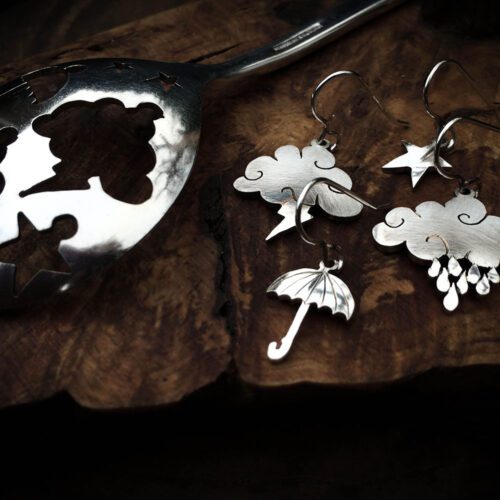 handcrafted and recycled spoon cloud and umbrella summertime earrings