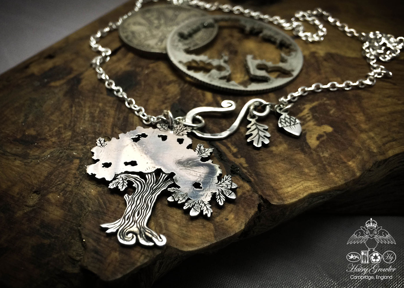 Handcrafted and recycled Victorian silver coin Oak Tree necklace made in Cambridge