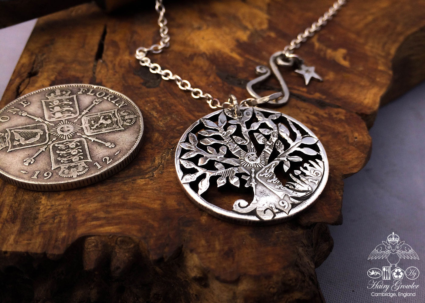 Handcrafted and recycled Tree of Life silver coin pendant necklace