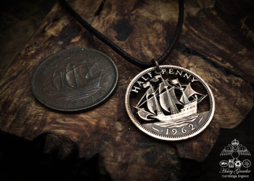 Handmade and upcycled Golden Hind ship coin pendant necklace