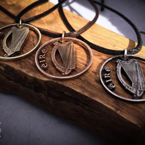 Handmade and recycled Irish harp coin pendant necklace