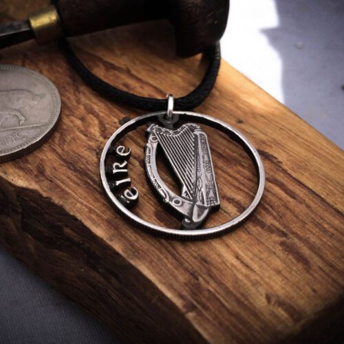 Handmade and recycled Irish harp coin pendant necklace