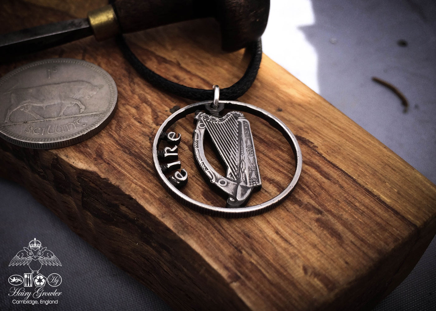 Handmade and recycled Irish harp coin pendant necklace