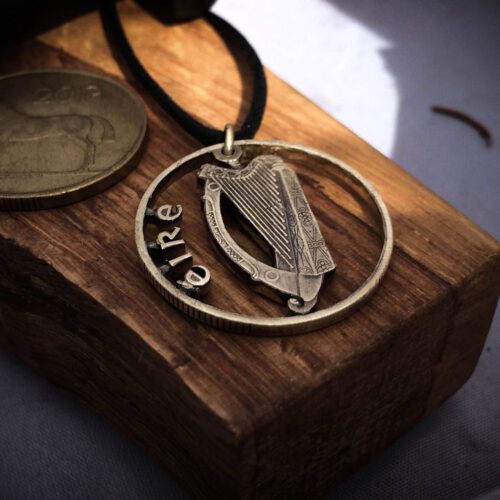Handmade and recycled Irish harp coin pendant necklace