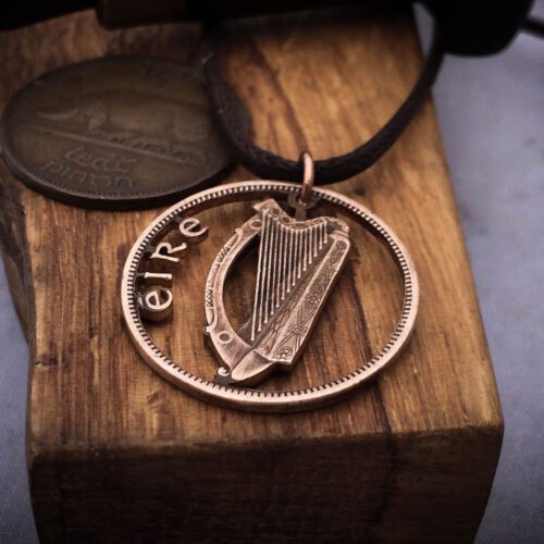 Handmade and recycled Irish harp coin pendant necklace