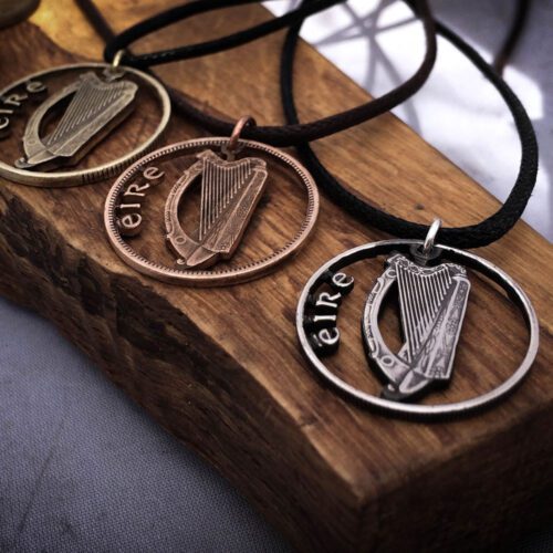 Handmade and recycled Irish harp coin pendant necklace