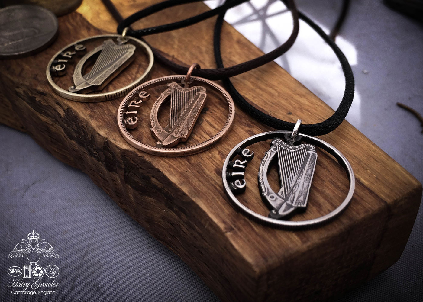 Handmade and recycled Irish harp coin pendant necklace