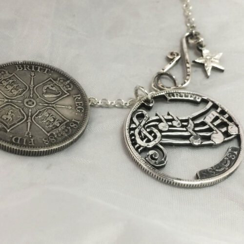 Handcrafted and recycled coin musical notes pendant necklace