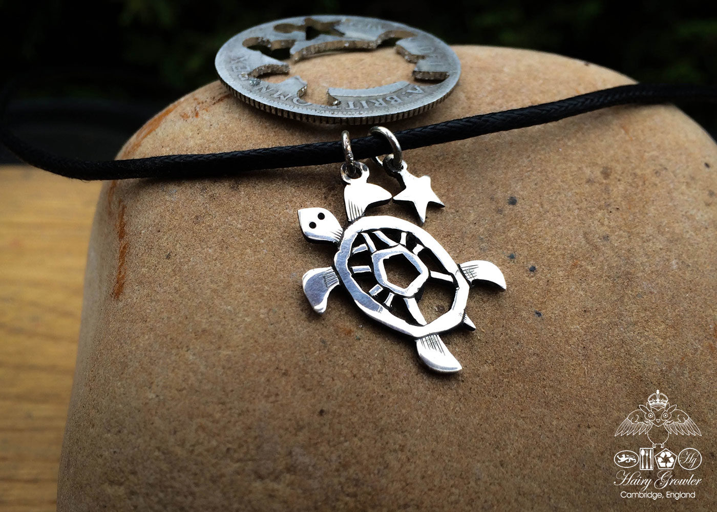 Handcrafted and recycled silver shilling Turtle necklace
