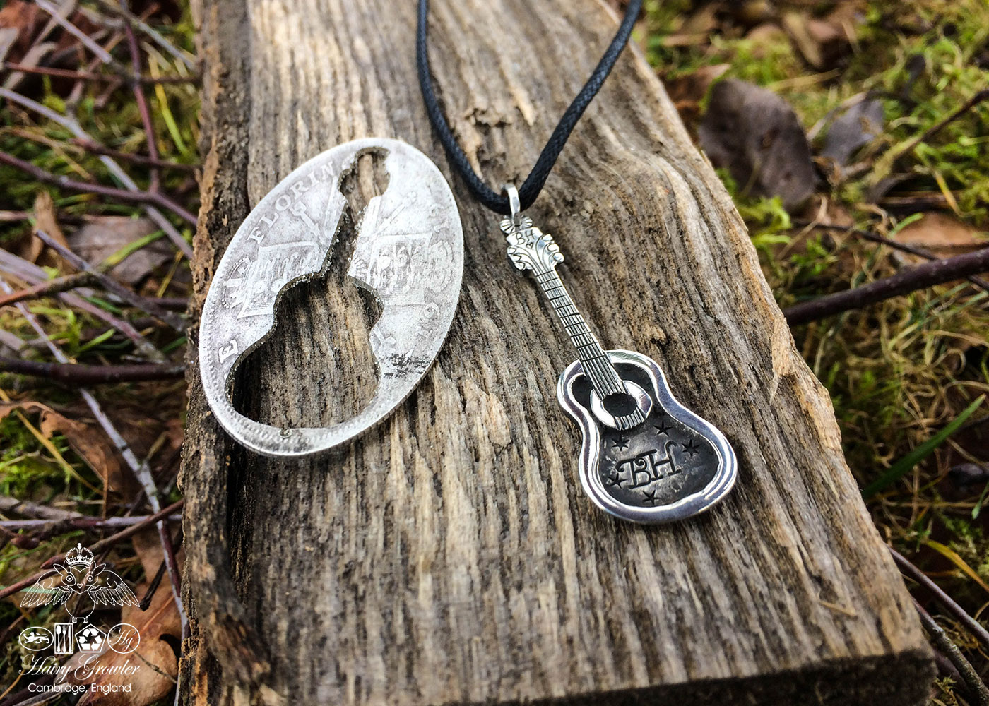 guit-box, acoustic guitar necklace - handmade and recycled using silver coins